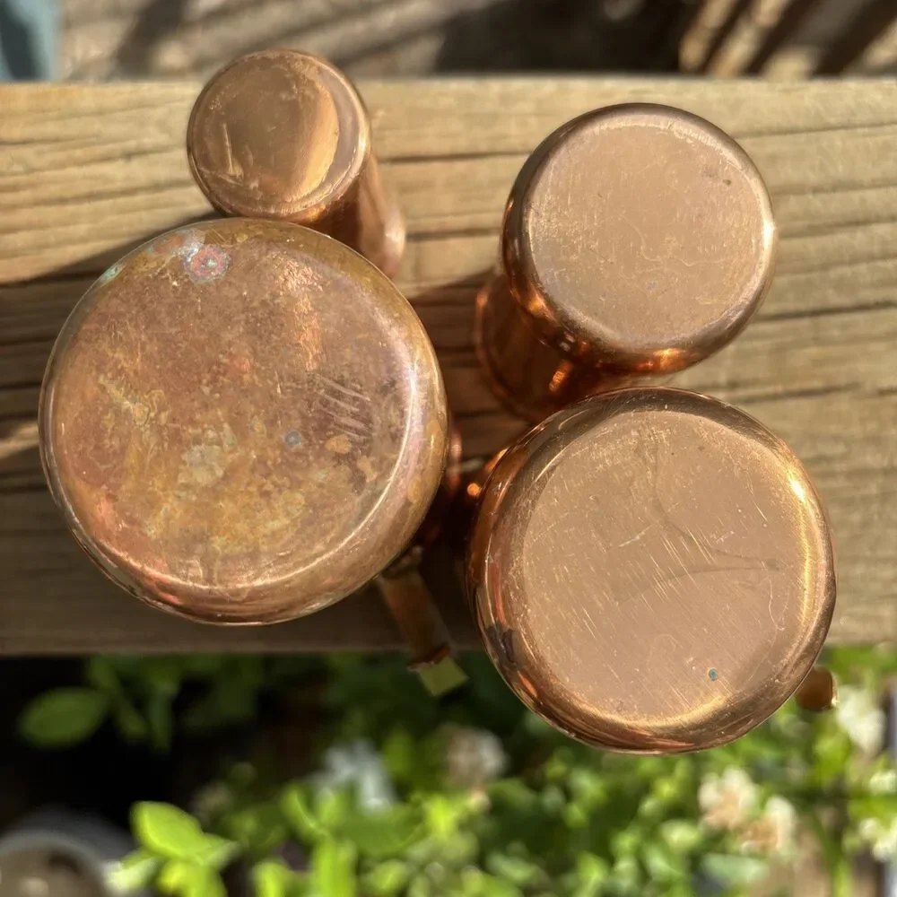 4 Vtg Copper Brass Handle Tall Stacking Measuring Liquid Cups Rustic Farmhouse